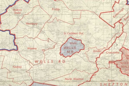 Cream, grey and red map of the boundaries between parishes, rural districts , urban districts and constituencies from 1966