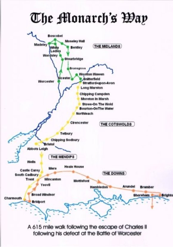 a diagram showing the route from Worcester, north to Boscabel and south to Charmouth, Dorset & shoreham in Sussex