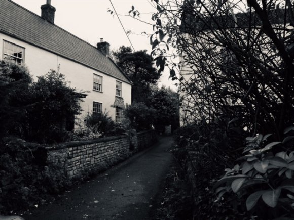 a narrow lane with cottages raised either side