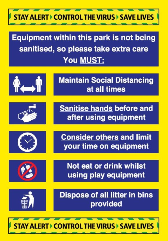 A 5-step guide to keeping safe from Coronavirus in play areas, including social distancing, sanitising, being considerate and not eating or drinking in play areas.