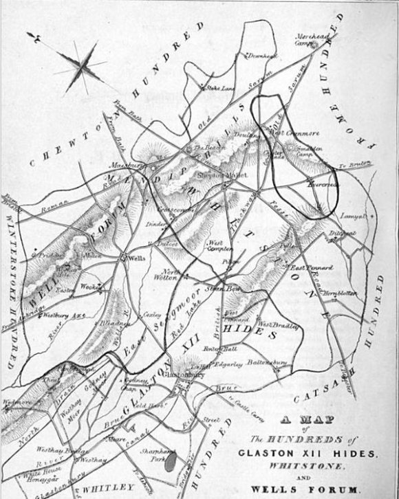 Map showing the Anglo-Saxon hundreds - an administrative area - including Wells Forum. (Map: Phelps, William - The history and antiquities of Somersetshire 1839.) St Cuthbert (Out) today covers what was a large part of the Wells Forum.